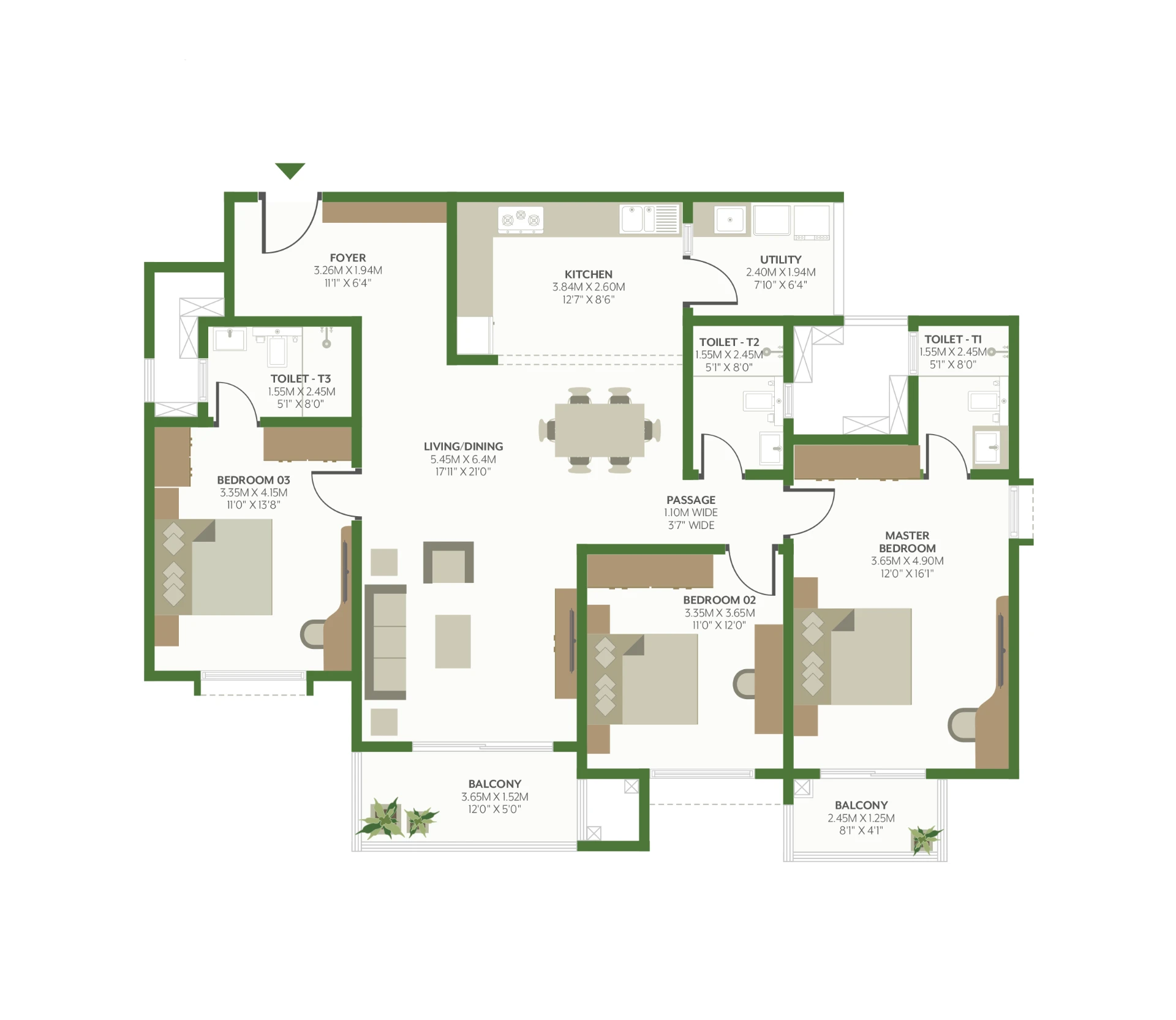 3 BHK Large floor plan